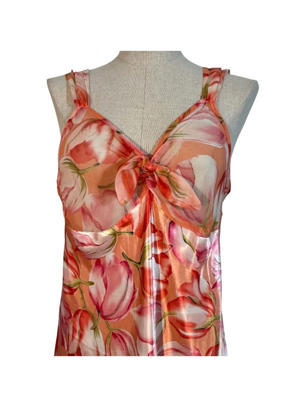VTG Amelia’s Floral Peach Pink Tulip Nightgown Bow Size Large Made USA Side Slit